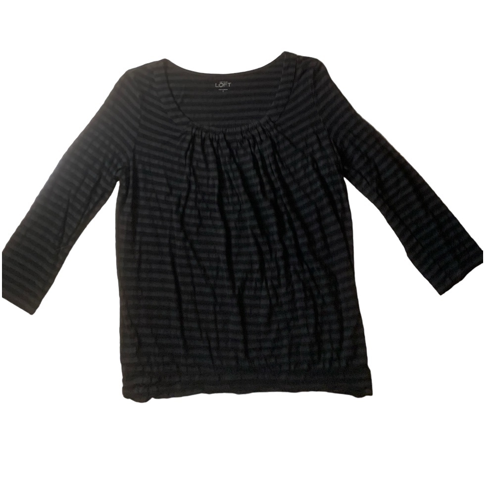 LOFT Black Gray Striped Scoop Neck 3/4 Length Top - Size Medium